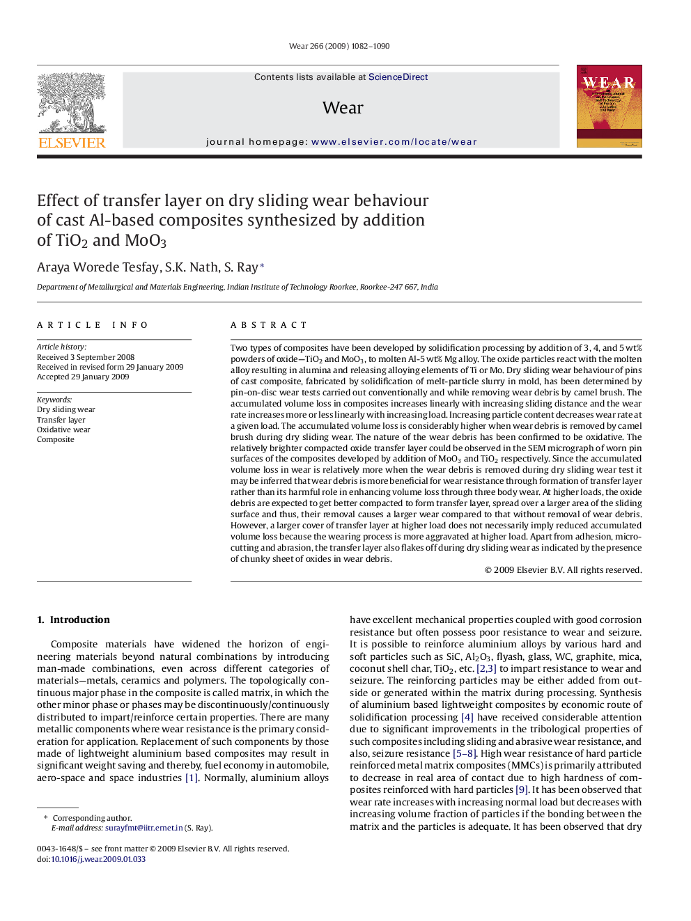 Effect of transfer layer on dry sliding wear behaviour of cast Al-based composites synthesized by addition of TiO2 and MoO3