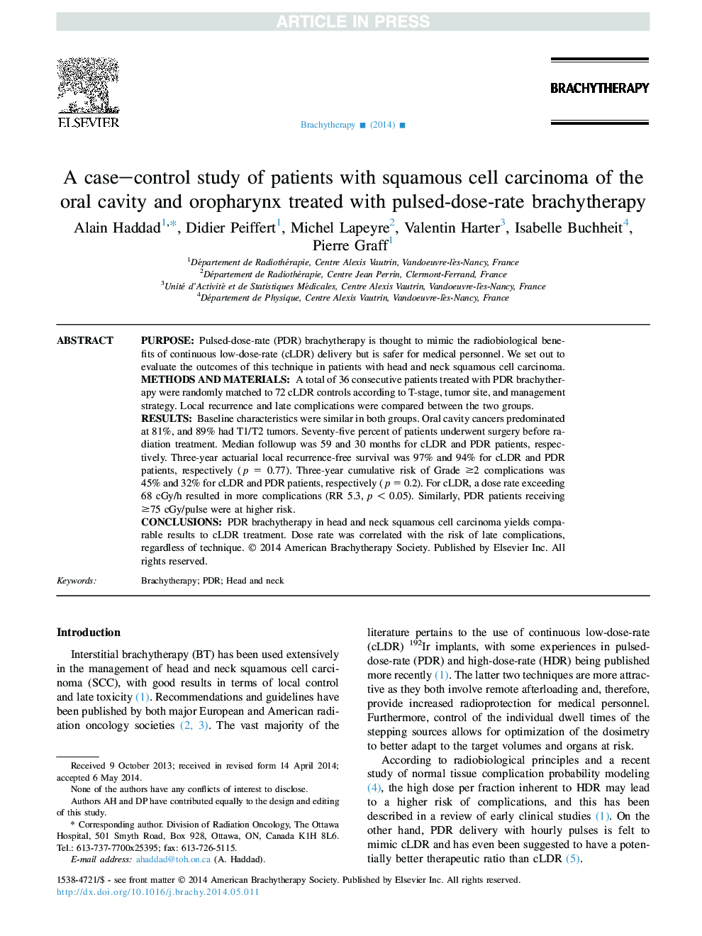 A case-control study of patients with squamous cell carcinoma of the oral cavity and oropharynx treated with pulsed-dose-rate brachytherapy