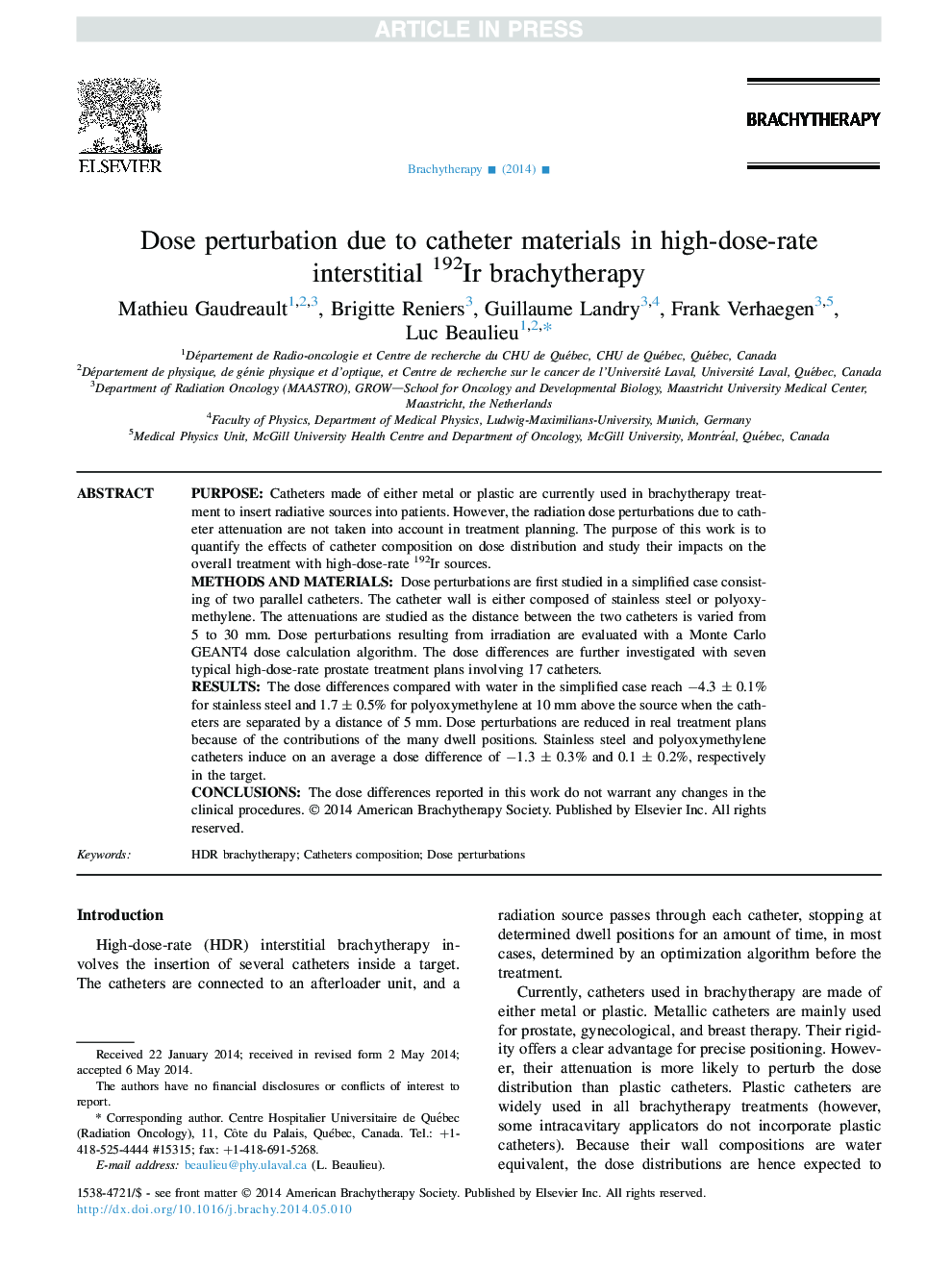 Dose perturbation due to catheter materials in high-dose-rate interstitial 192Ir brachytherapy