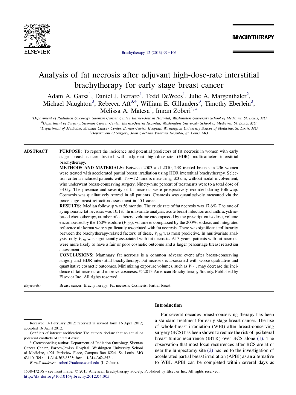 Analysis of fat necrosis after adjuvant high-dose-rate interstitial brachytherapy for early stage breast cancer