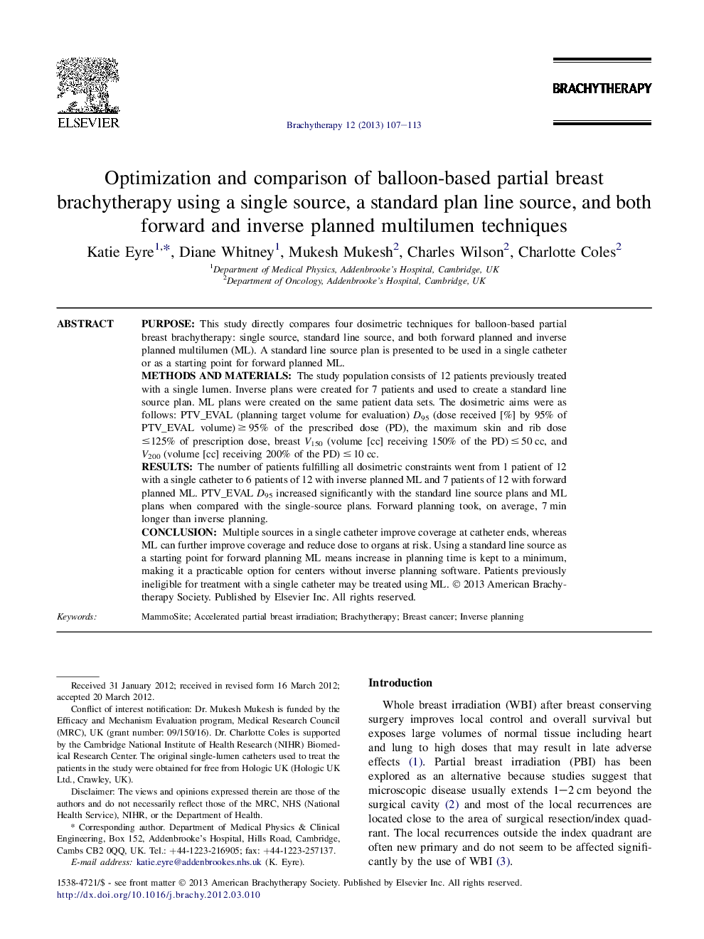 Optimization and comparison of balloon-based partial breast brachytherapy using a single source, a standard plan line source, and both forward and inverse planned multilumen techniques