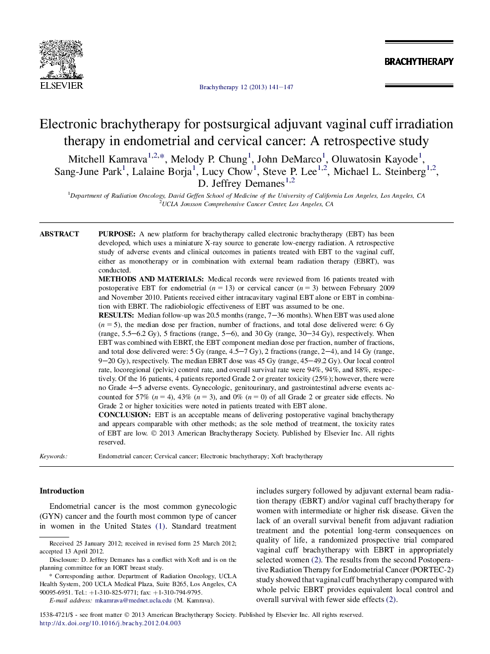 Electronic brachytherapy for postsurgical adjuvant vaginal cuff irradiation therapy in endometrial and cervical cancer: A retrospective study