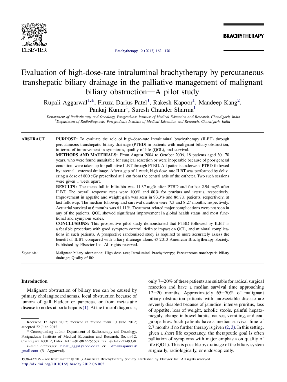 ارزیابی براکیوتراپی داخل شکمی با دوز بالا با استفاده از زهکشی مجاری صفراوی از طریق تزریق پالیژیک انسداد صفراوی بدخیم - یک مطالعه آزمایش 