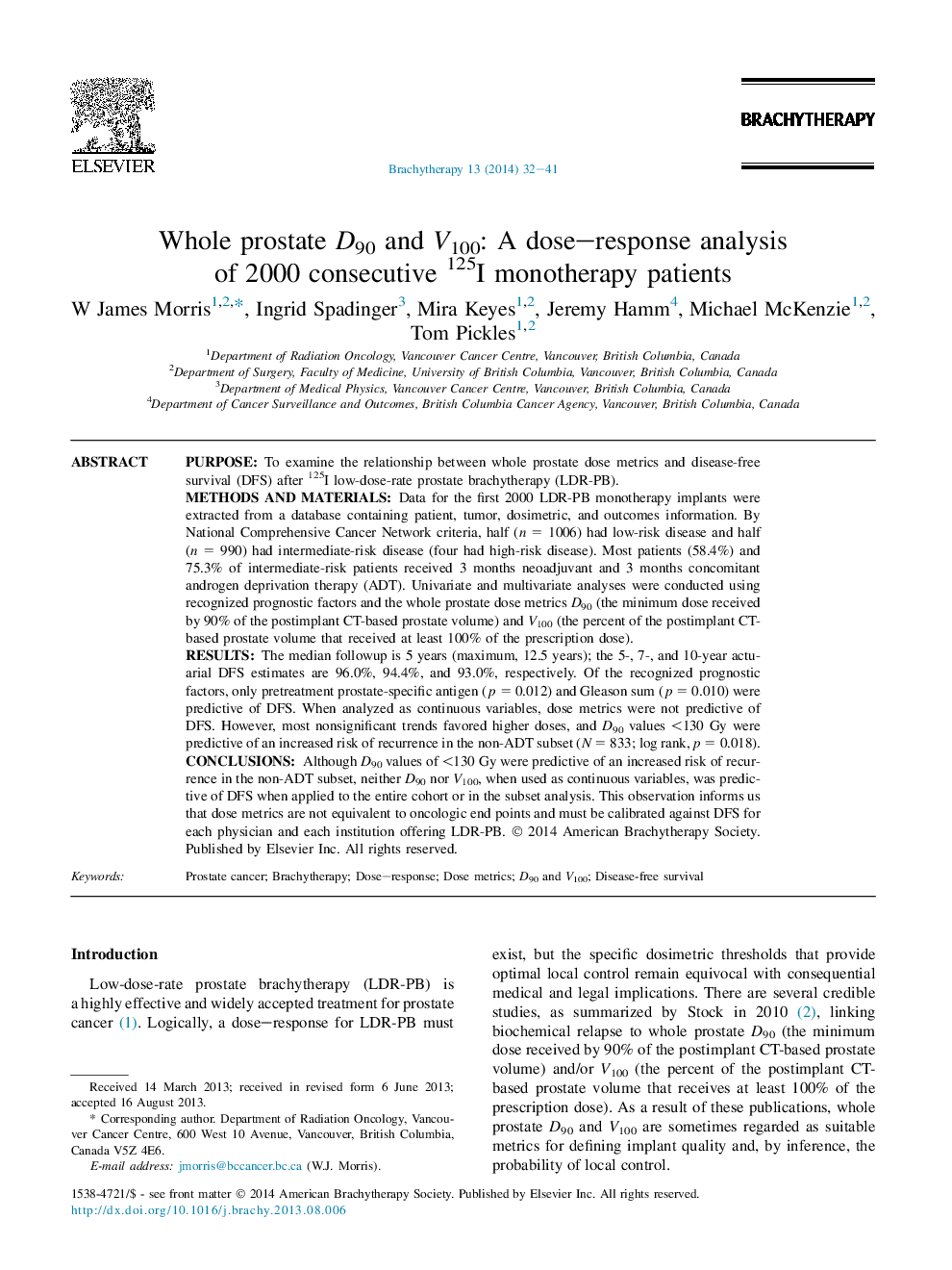 Whole prostate D90 and V100: A dose-response analysis of 2000 consecutive 125I monotherapy patients