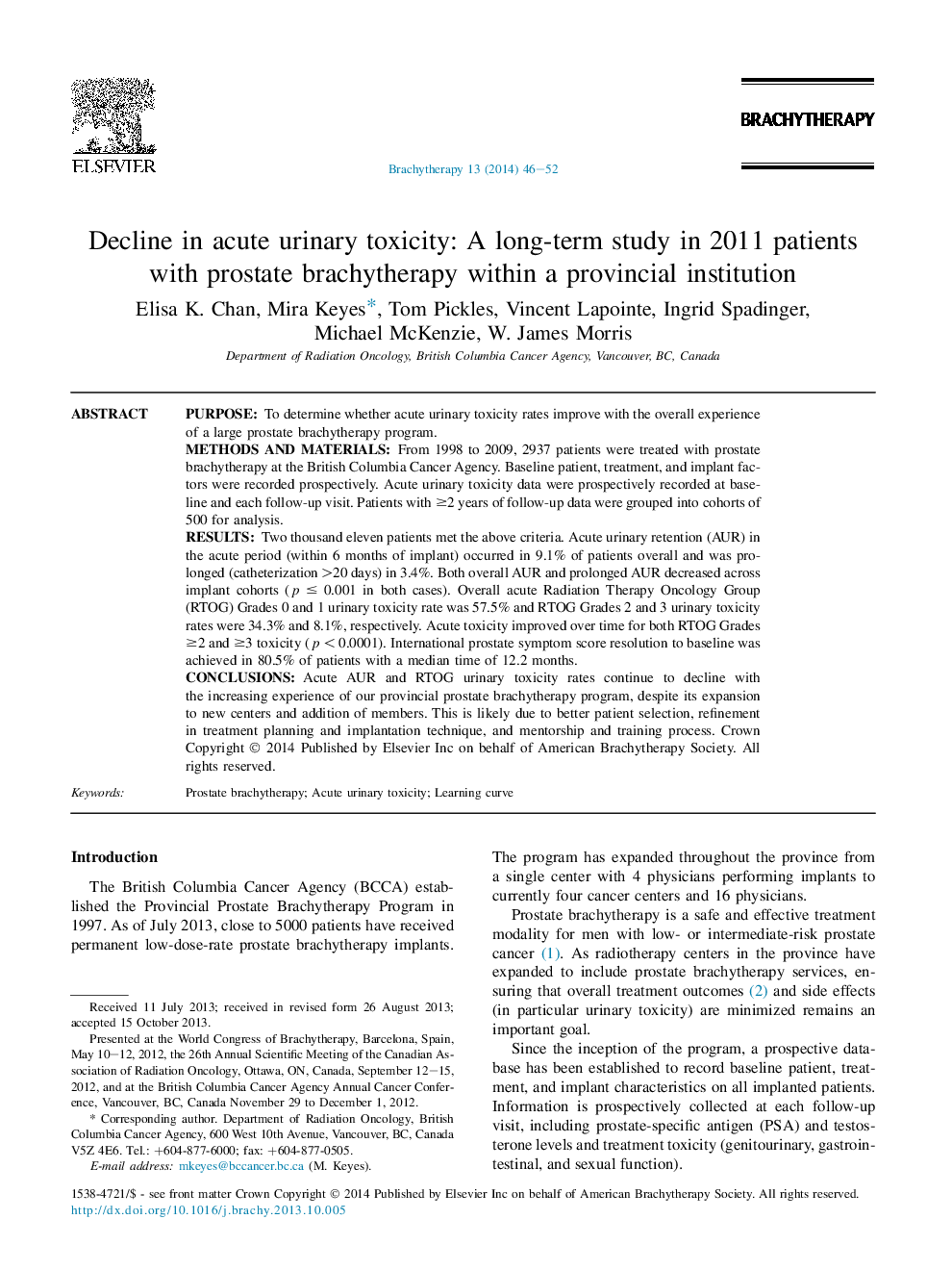 Decline in acute urinary toxicity: A long-term study in 2011 patients with prostate brachytherapy within a provincial institution