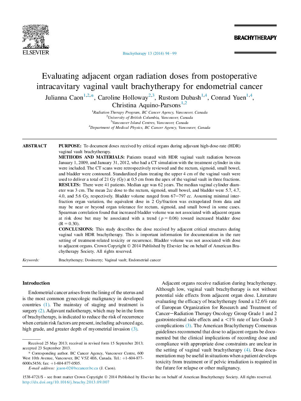 Evaluating adjacent organ radiation doses from postoperative intracavitary vaginal vault brachytherapy for endometrial cancer