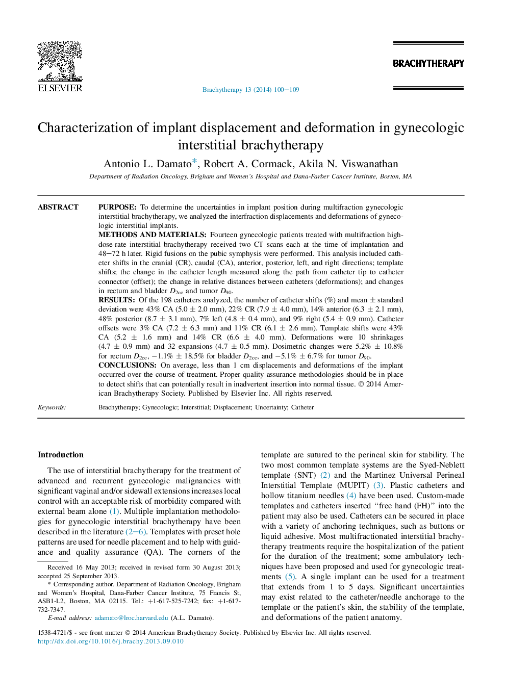 Characterization of implant displacement and deformation in gynecologic interstitial brachytherapy