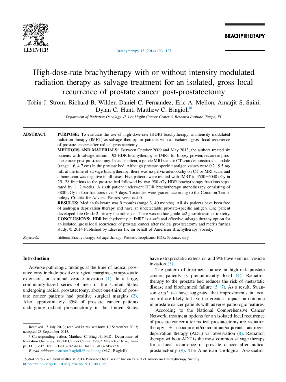 High-dose-rate brachytherapy with or without intensity modulated radiation therapy as salvage treatment for an isolated, gross local recurrence of prostate cancer post-prostatectomy