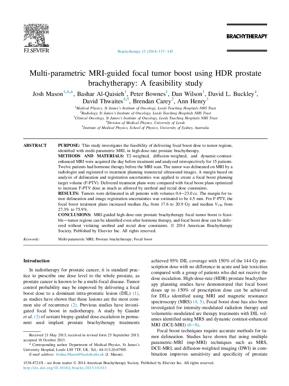 Multi-parametric MRI-guided focal tumor boost using HDR prostate brachytherapy: A feasibility study