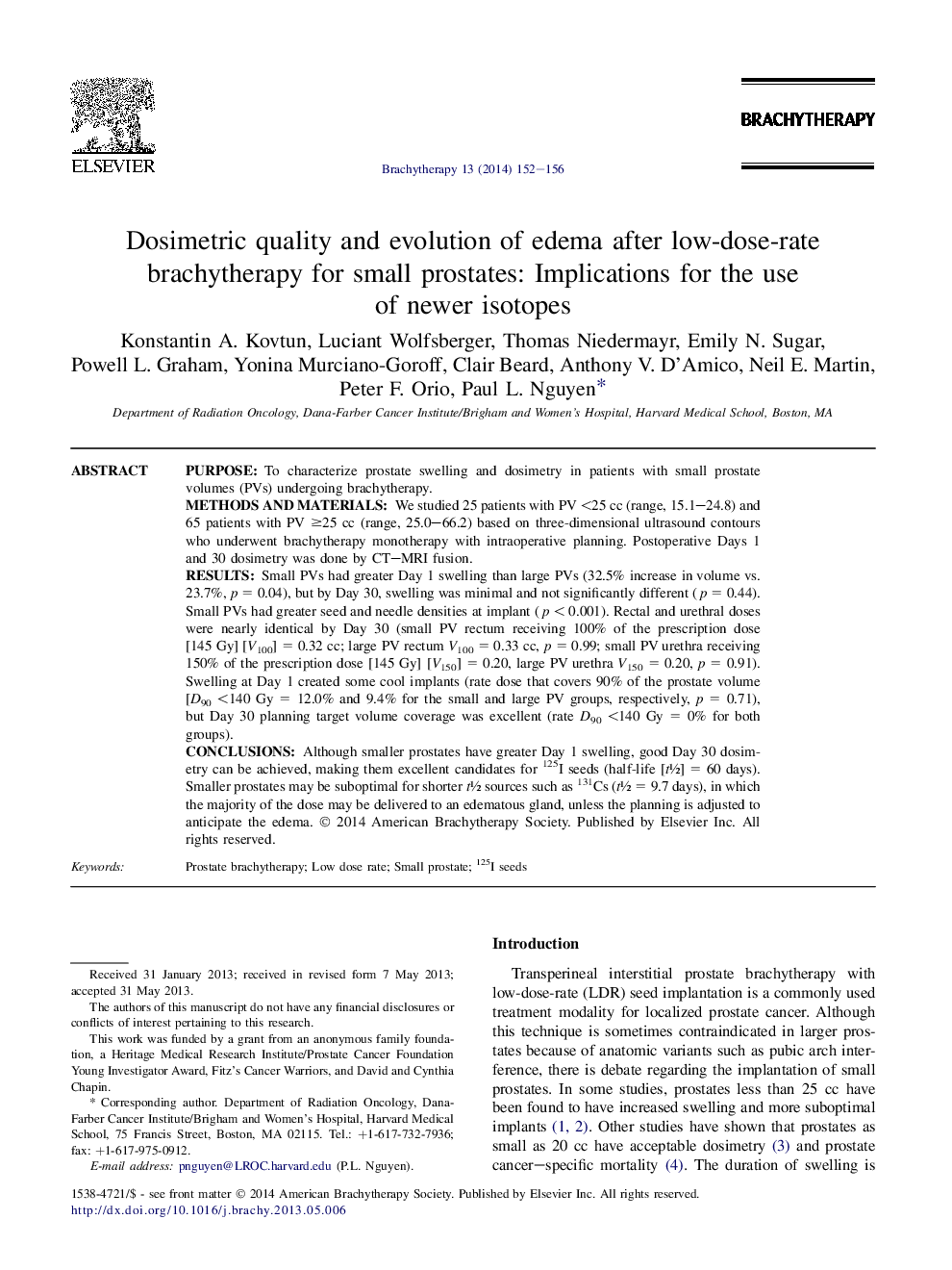 Dosimetric quality and evolution of edema after low-dose-rate brachytherapy for small prostates: Implications for the use of newer isotopes