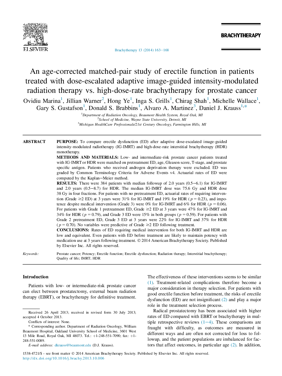 An age-corrected matched-pair study of erectile function in patients treated with dose-escalated adaptive image-guided intensity-modulated radiation therapy vs. high-dose-rate brachytherapy for prostate cancer