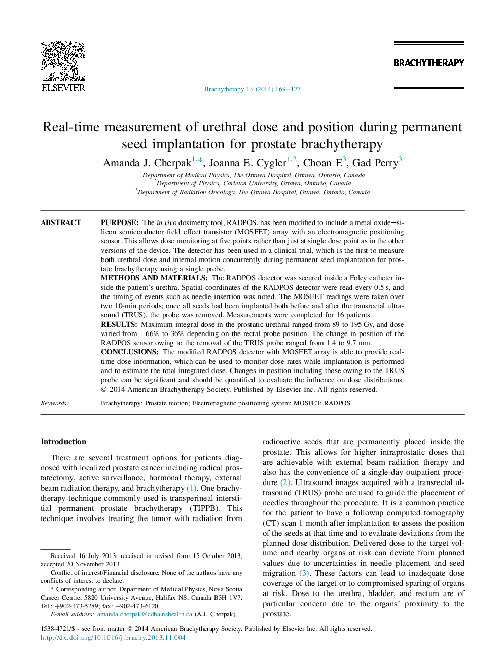 Real-time measurement of urethral dose and position during permanent seed implantation for prostate brachytherapy