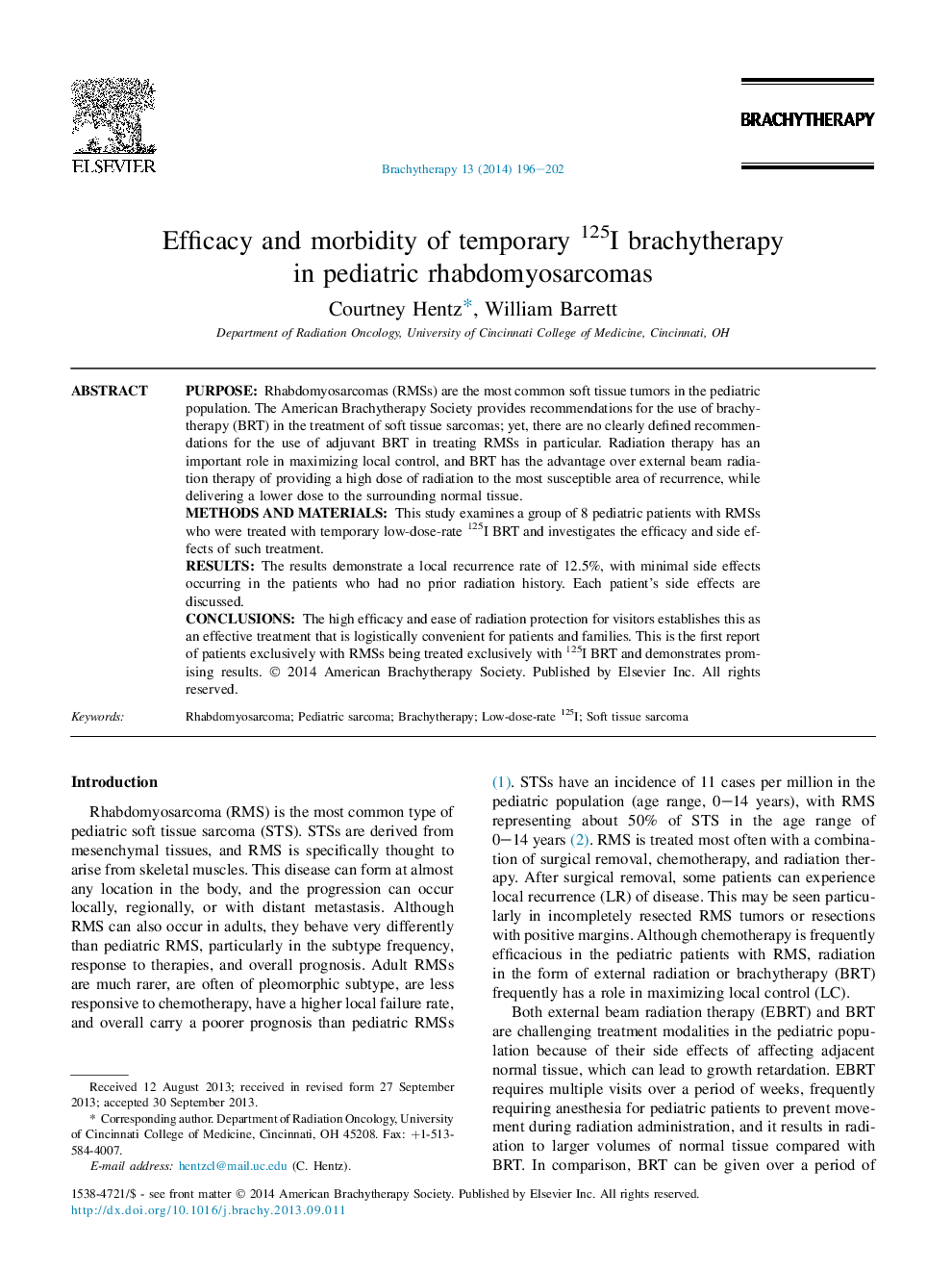 Efficacy and morbidity of temporary 125I brachytherapy in pediatric rhabdomyosarcomas