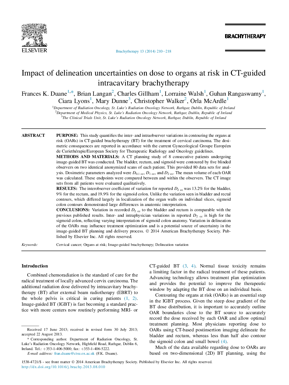 Impact of delineation uncertainties on dose to organs at risk in CT-guided intracavitary brachytherapy