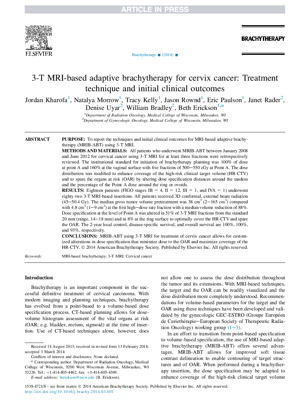 3-T MRI-based adaptive brachytherapy for cervix cancer: Treatment technique and initial clinical outcomes