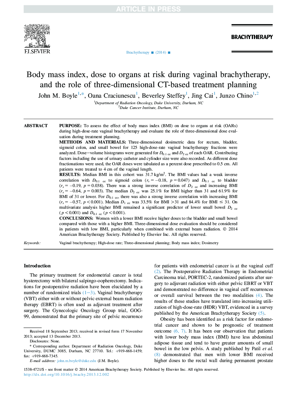 Body mass index, dose to organs at risk during vaginal brachytherapy, and the role of three-dimensional CT-based treatment planning