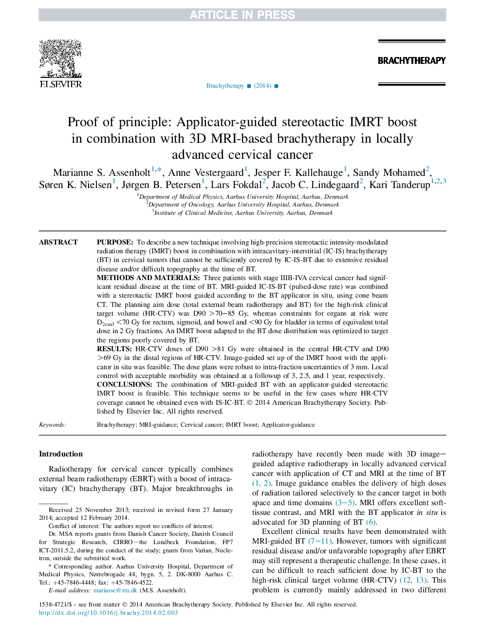 Proof of principle: Applicator-guided stereotactic IMRT boost in combination with 3D MRI-based brachytherapy in locally advanced cervical cancer