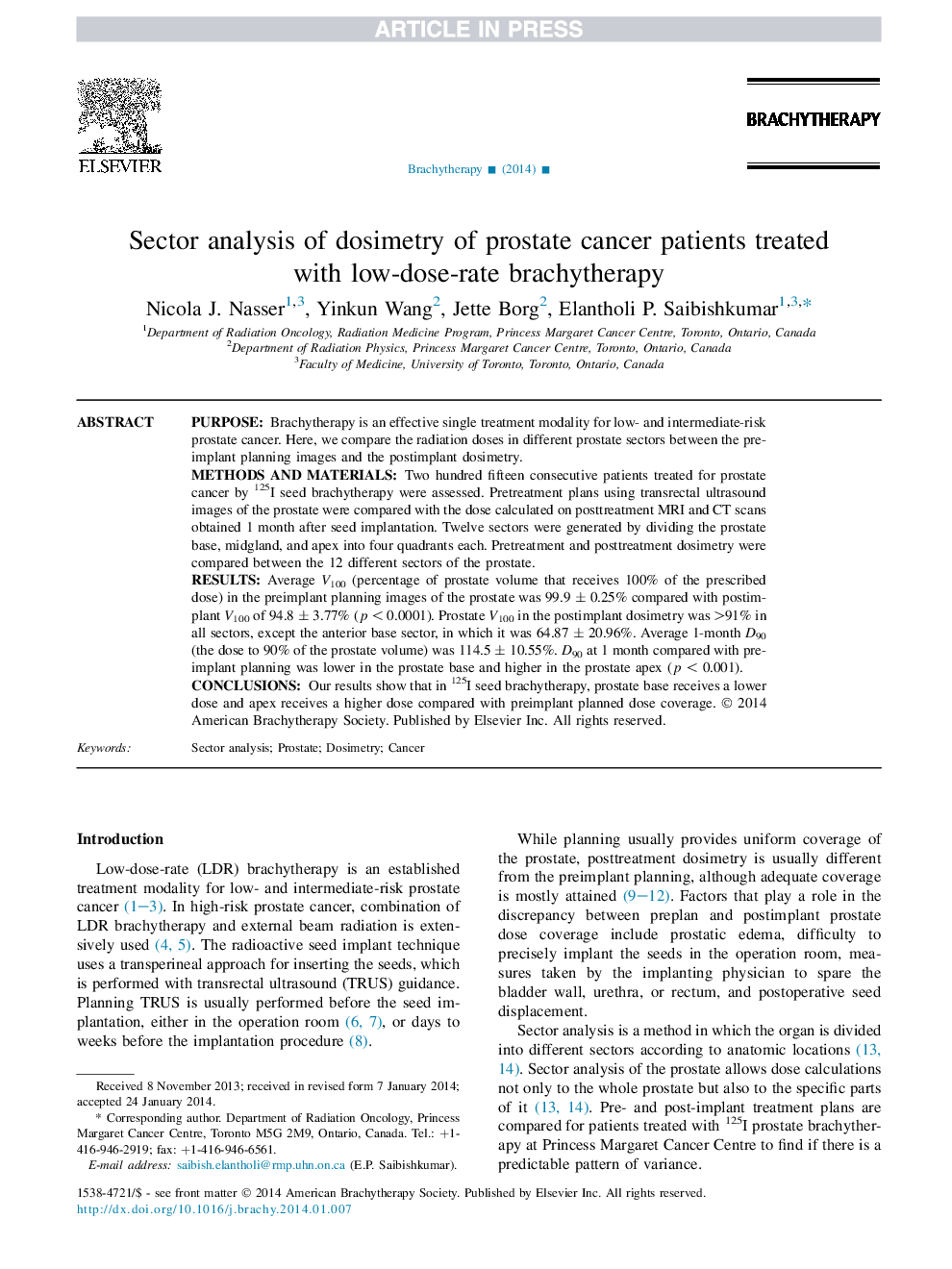 Sector analysis of dosimetry of prostate cancer patients treated with low-dose-rate brachytherapy