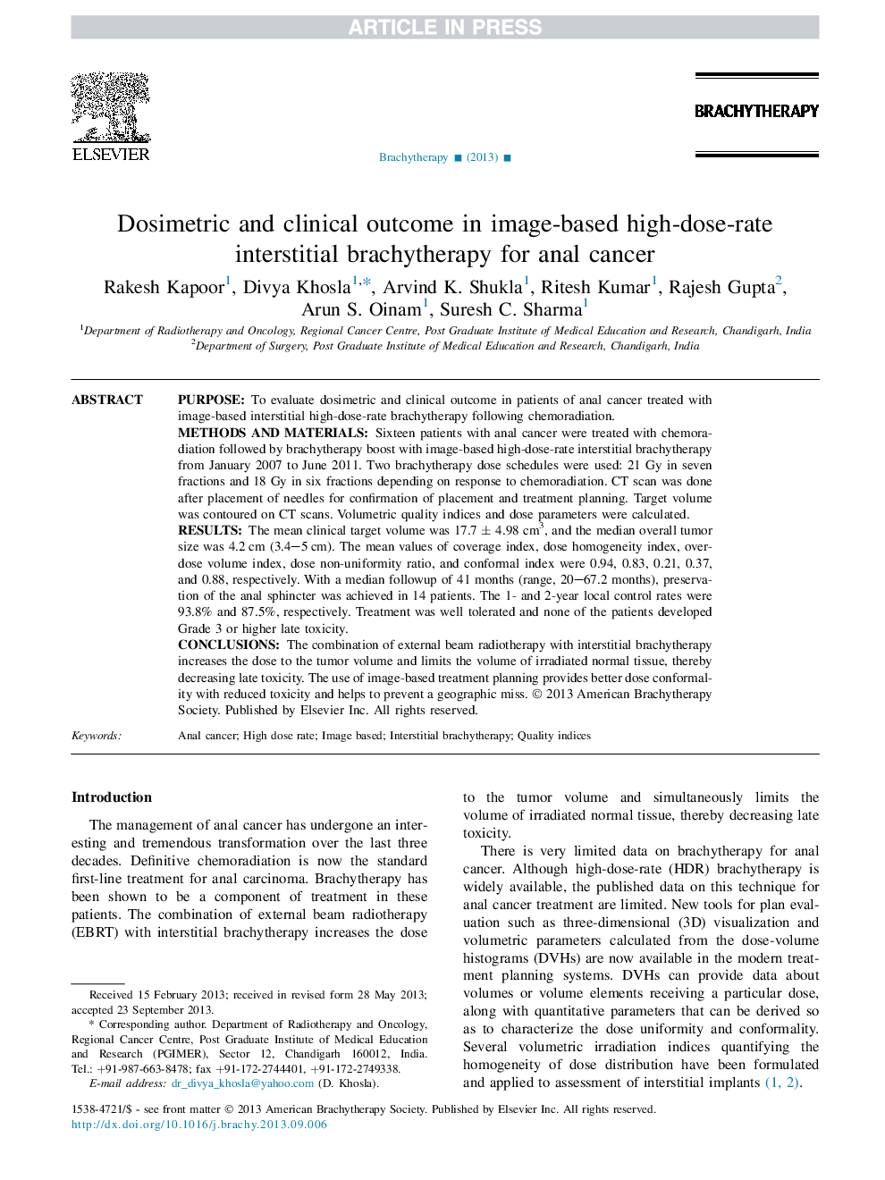 نتایج دزیمتری و بالینی در براکیوتراپی بینابینی با دوز بالا برای تشخیص سرطان مقعد مبتنی بر تصویر 