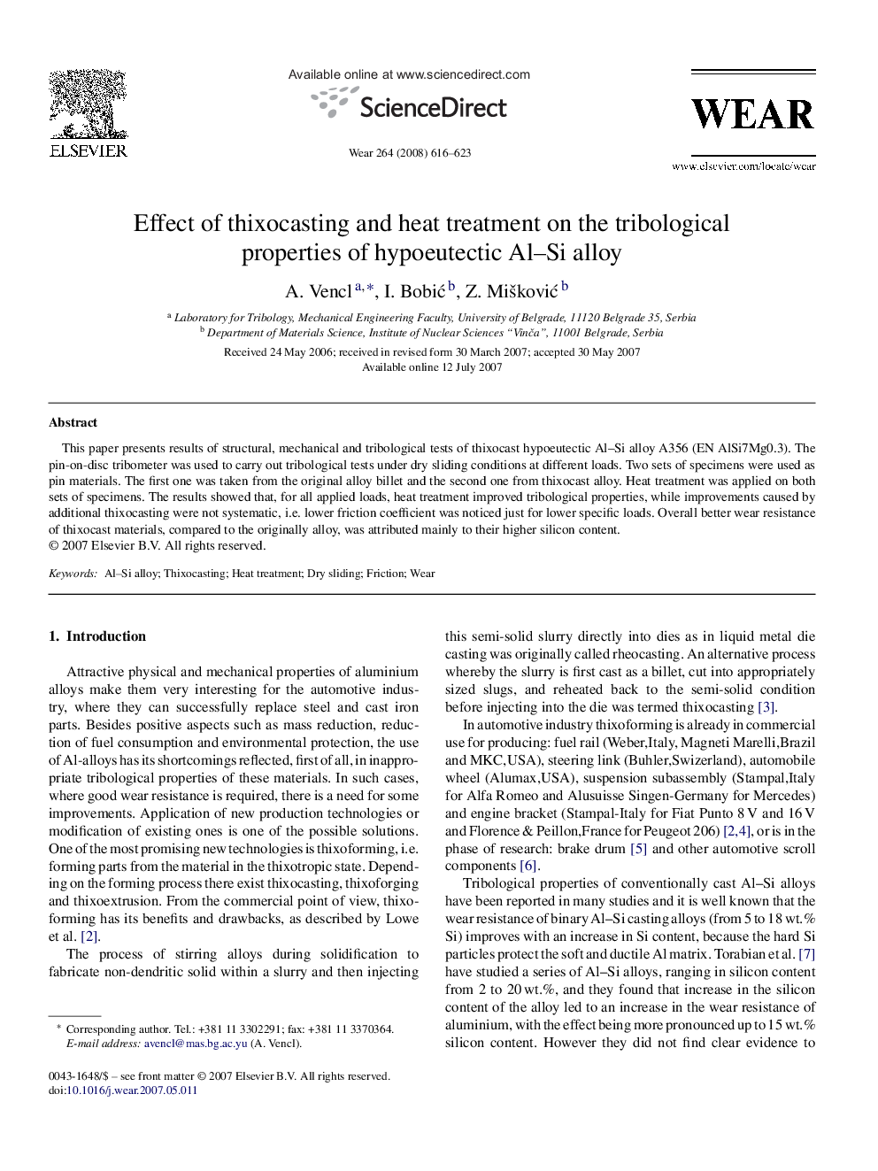 Effect of thixocasting and heat treatment on the tribological properties of hypoeutectic Al–Si alloy