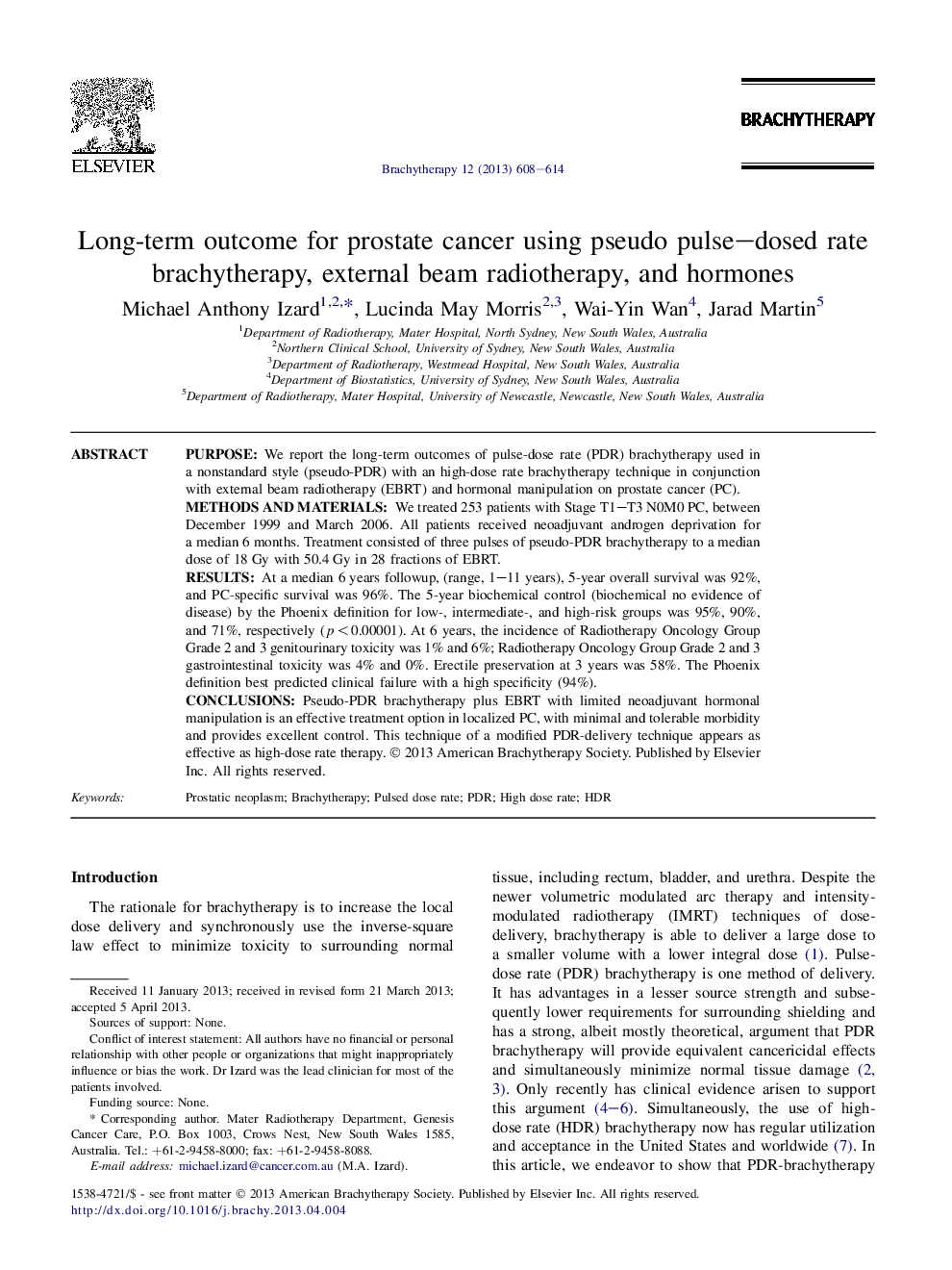 Long-term outcome for prostate cancer using pseudo pulse-dosed rate brachytherapy, external beam radiotherapy, and hormones