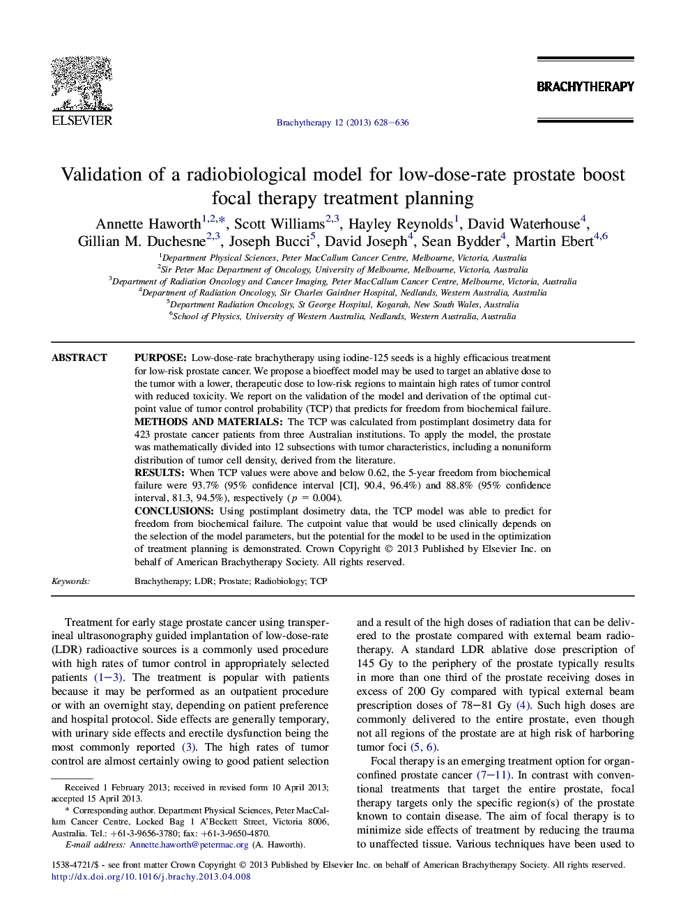 Validation of a radiobiological model for low-dose-rate prostate boost focal therapy treatment planning