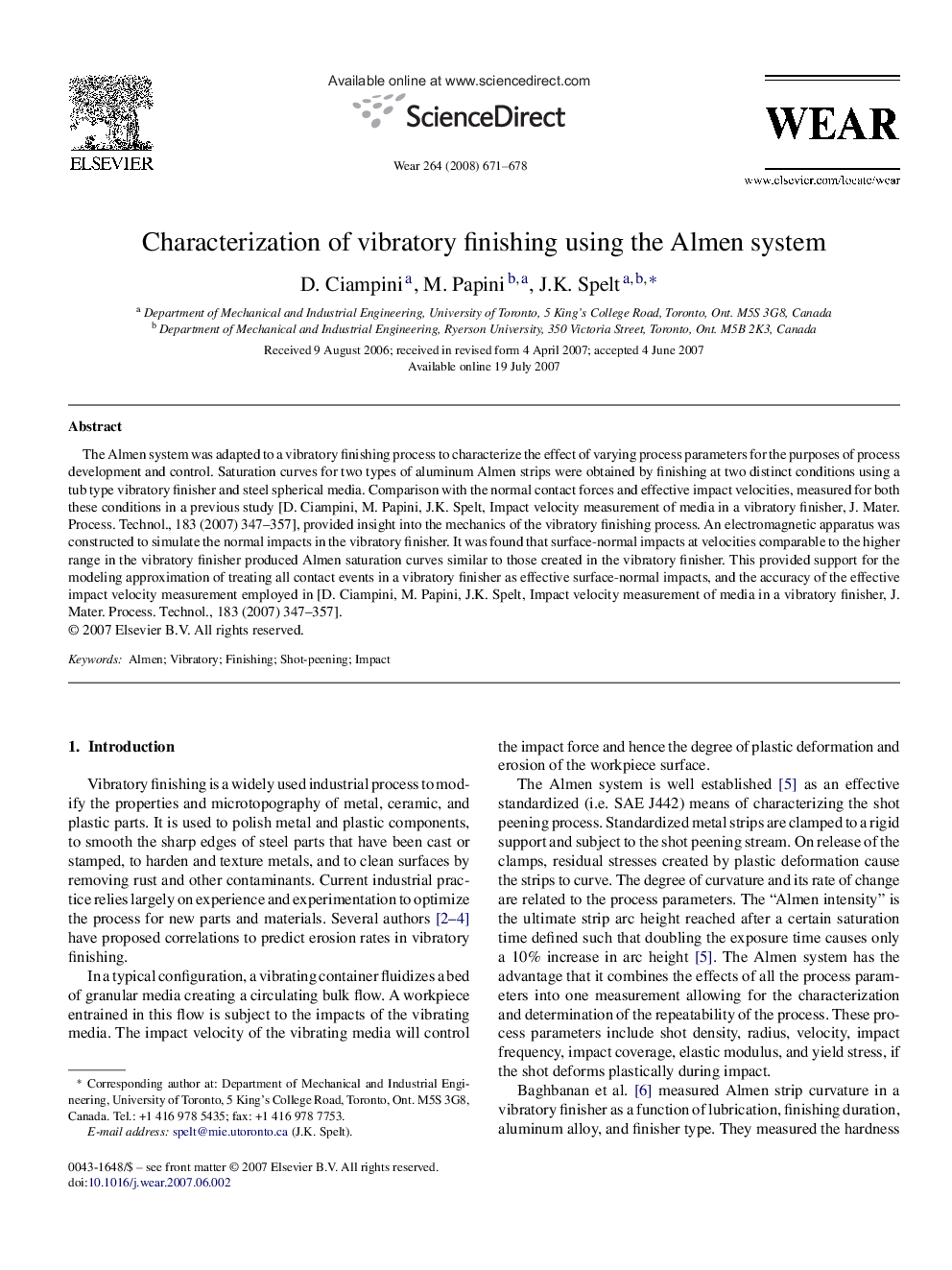 Characterization of vibratory finishing using the Almen system