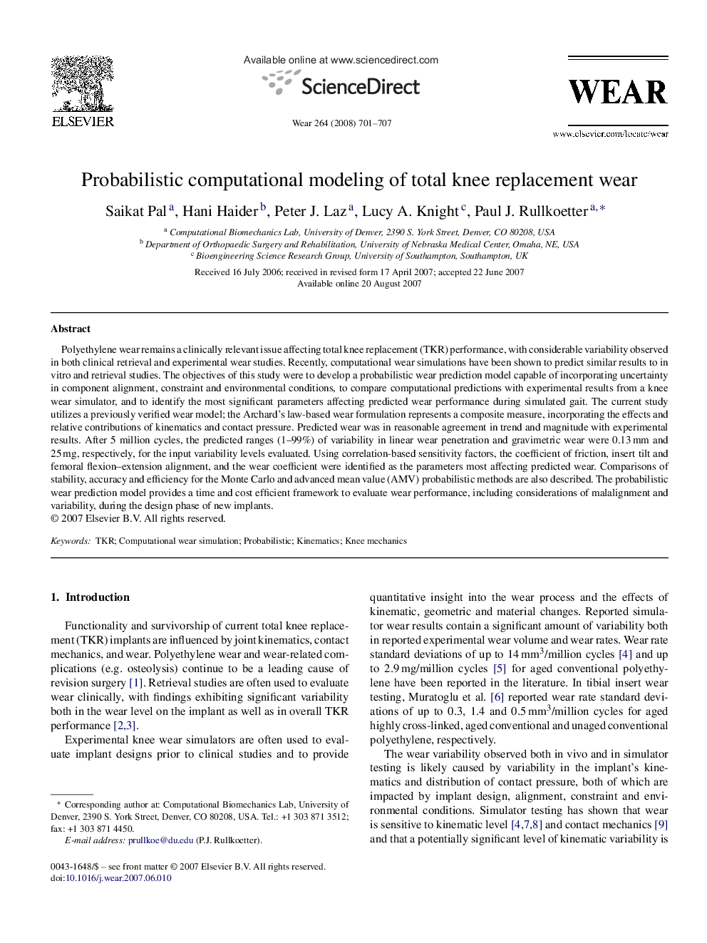 Probabilistic computational modeling of total knee replacement wear