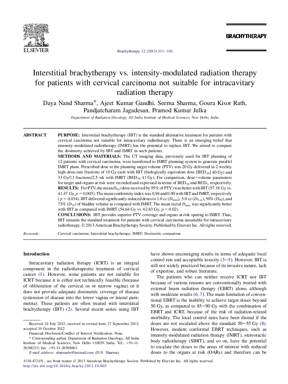 Interstitial brachytherapy vs. intensity-modulated radiation therapy for patients with cervical carcinoma not suitable for intracavitary radiation therapy