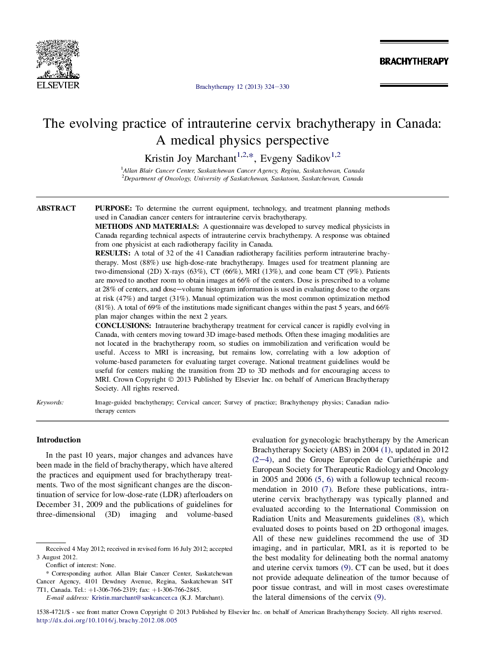 The evolving practice of intrauterine cervix brachytherapy in Canada: AÂ medical physics perspective