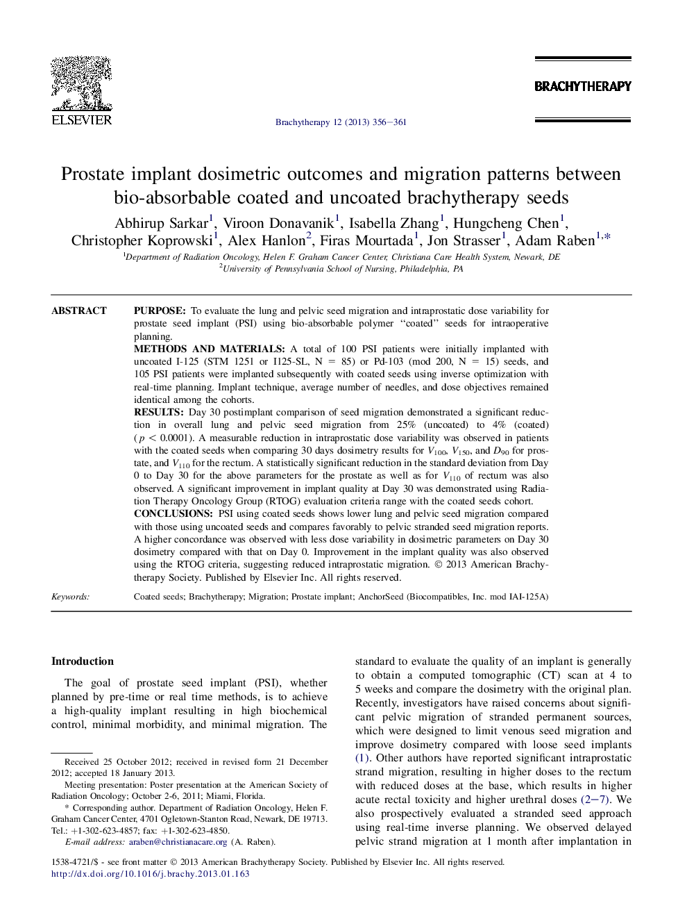 پیامدهای دزیمتری کاشت پروستات و الگوهای مهاجرت بین دانه های براکیتریپ پوشش داده شده با بیو جذب پذیر و بدون پوشش 