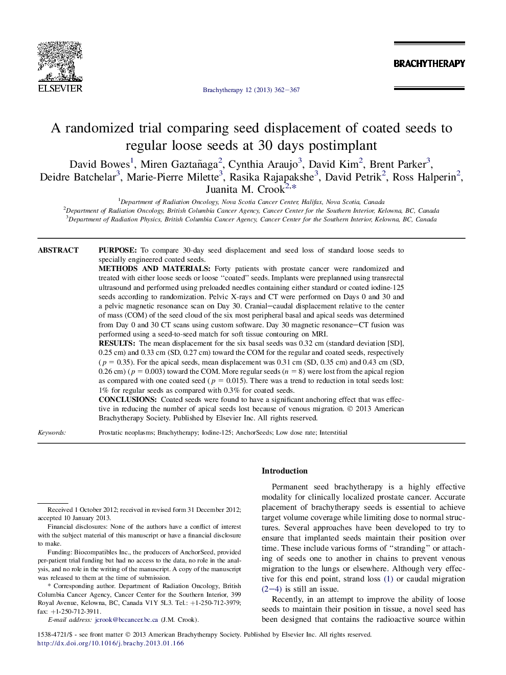 A randomized trial comparing seed displacement of coated seeds to regular loose seeds at 30 days postimplant