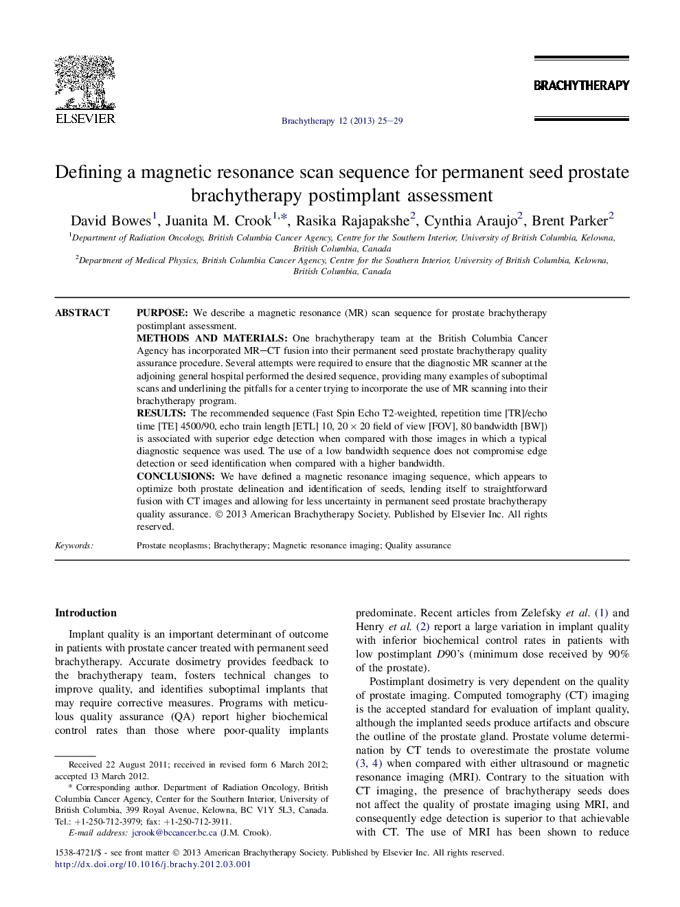 Defining a magnetic resonance scan sequence for permanent seed prostate brachytherapy postimplant assessment