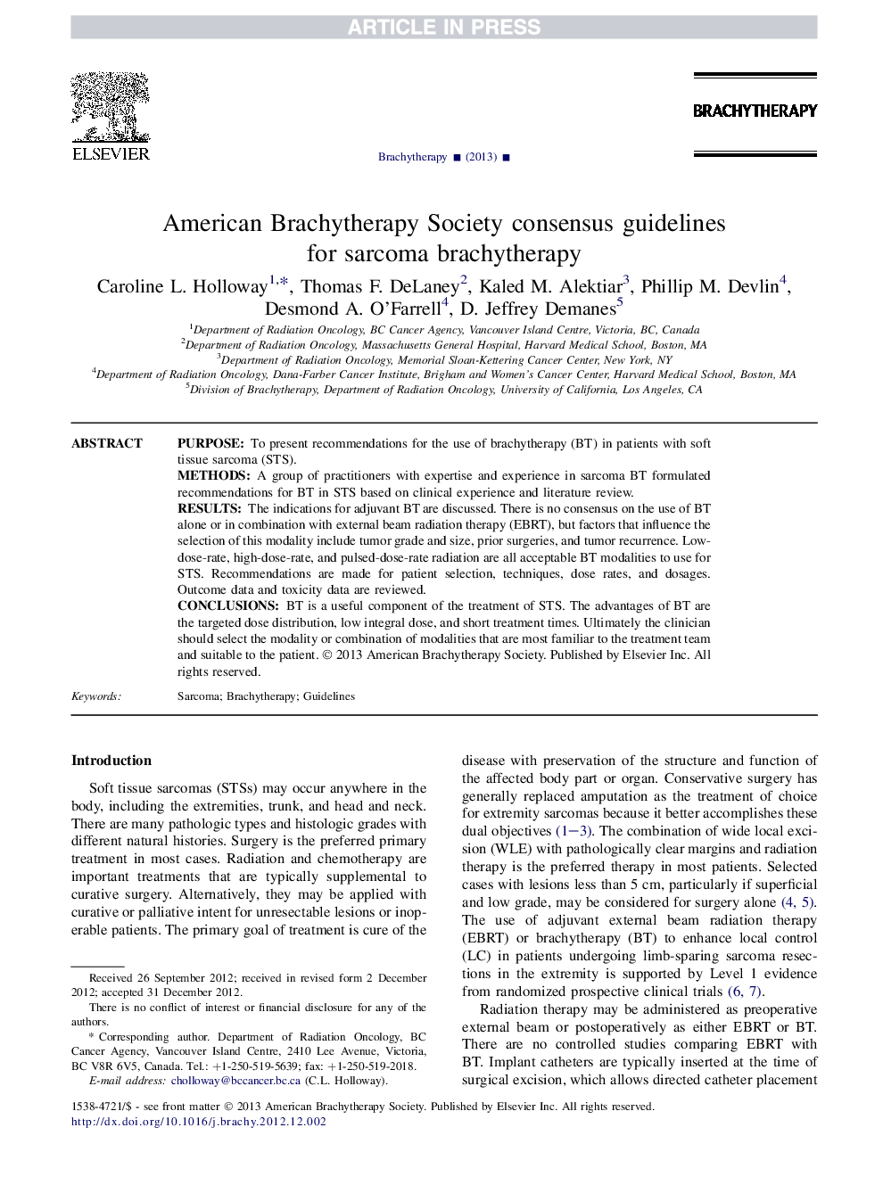 American Brachytherapy Society (ABS) consensus statement for sarcoma brachytherapy