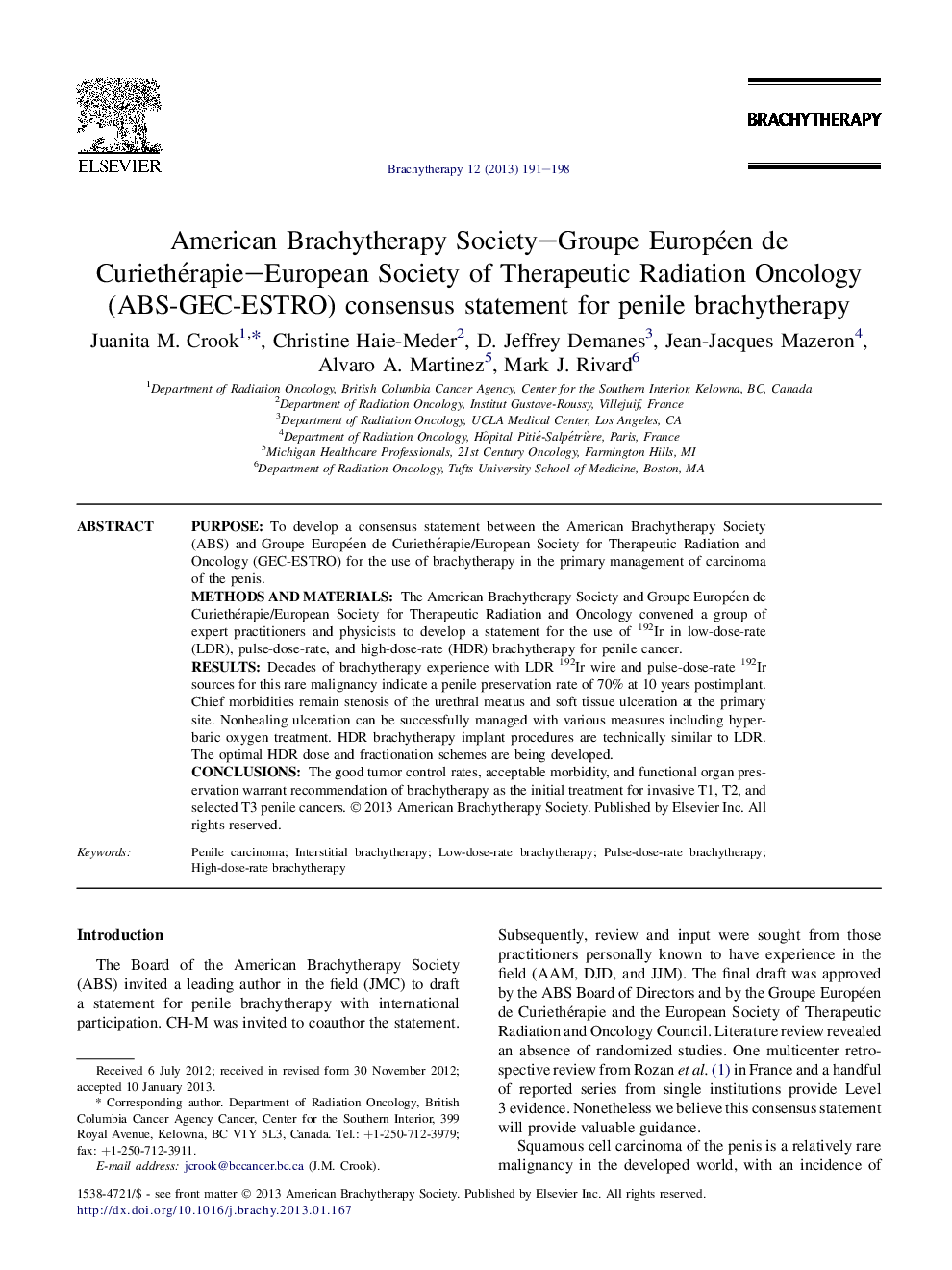 American Brachytherapy Society-Groupe Européen de Curiethérapie-European Society of Therapeutic Radiation Oncology (ABS-GEC-ESTRO) consensus statement for penile brachytherapy