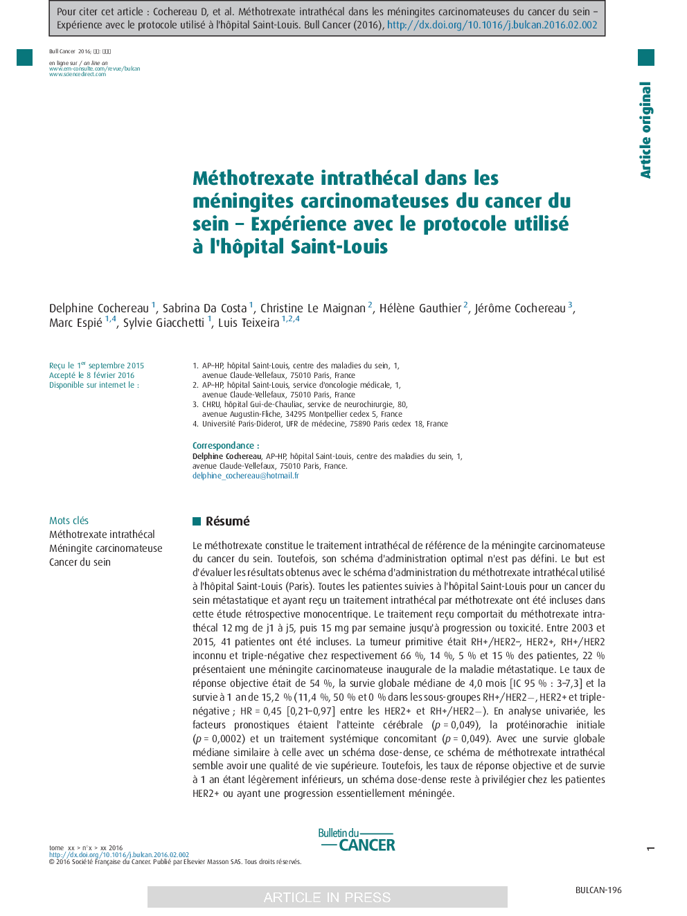 Méthotrexate intrathécal dans les méningites carcinomateuses du cancer du sein - Expérience avec le protocole utilisé Ã  l'hÃ´pital Saint-Louis