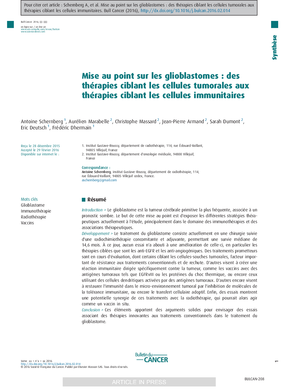 Mise au point sur les glioblastomesÂ : des thérapies ciblant les cellules tumorales aux thérapies ciblant les cellules immunitaires