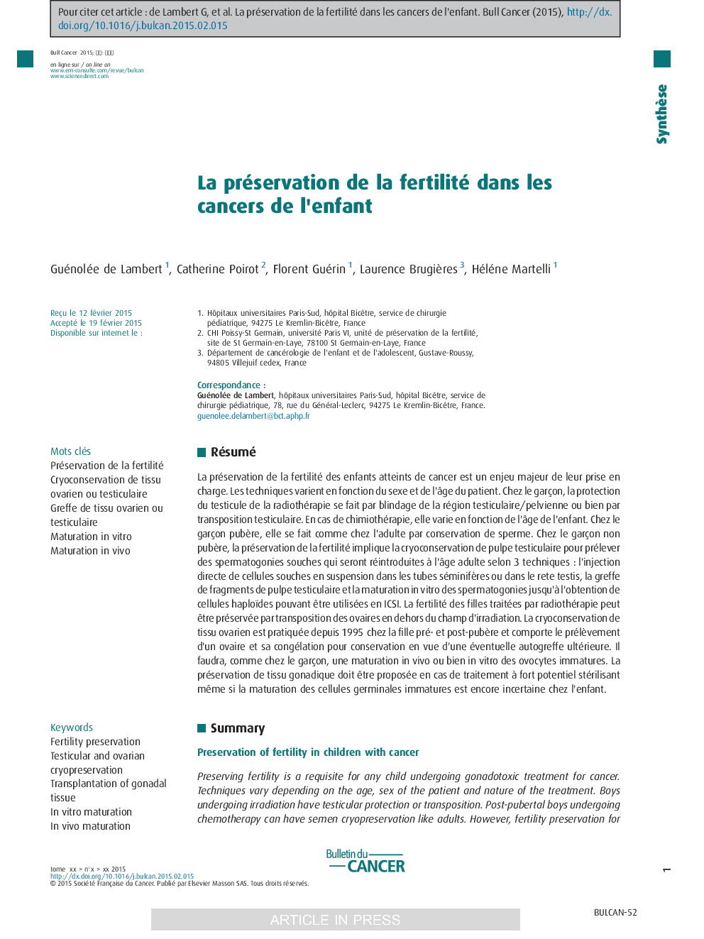 La préservation de la fertilité dans les cancers de l'enfant