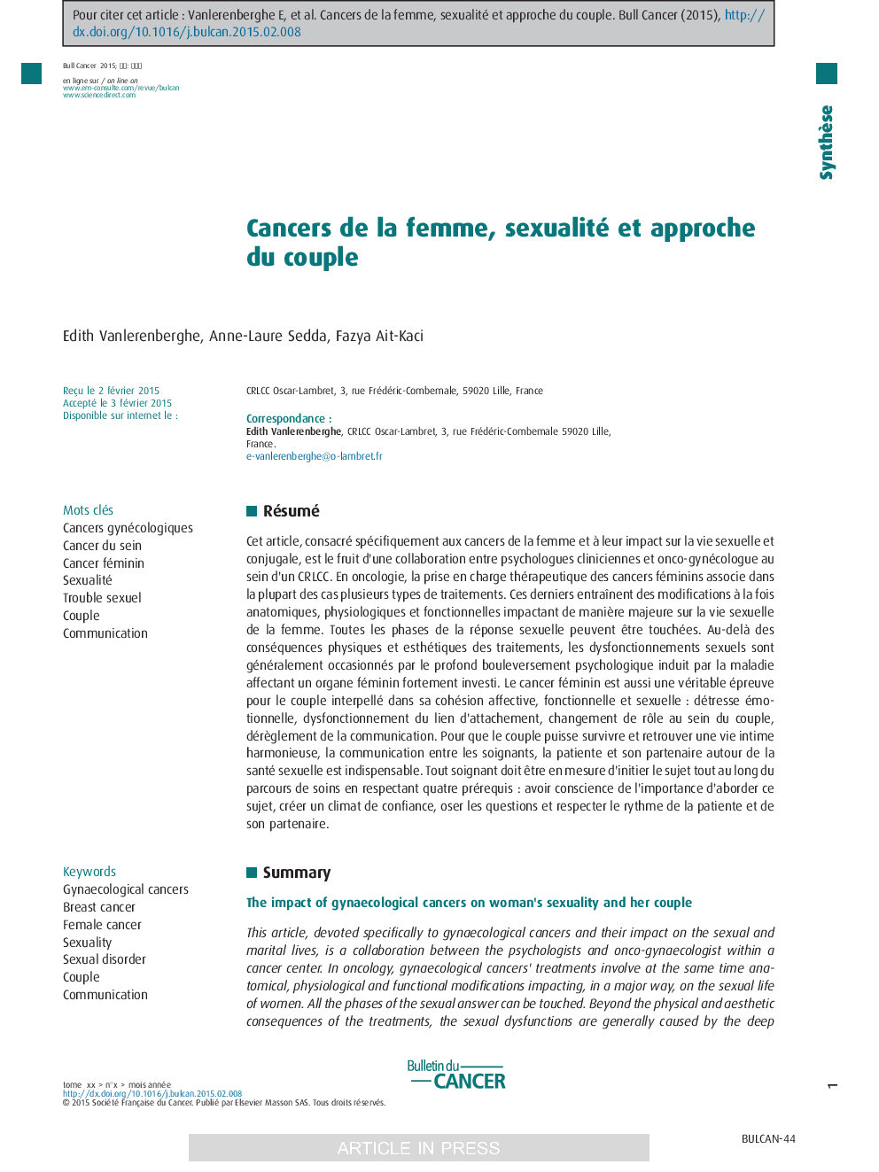 Cancers de la femme, sexualité et approche du couple