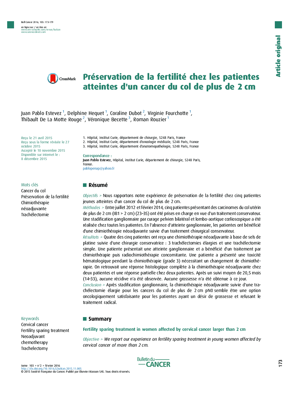 Préservation de la fertilité chez les patientes atteintes d'un cancer du col de plus de 2Â cm