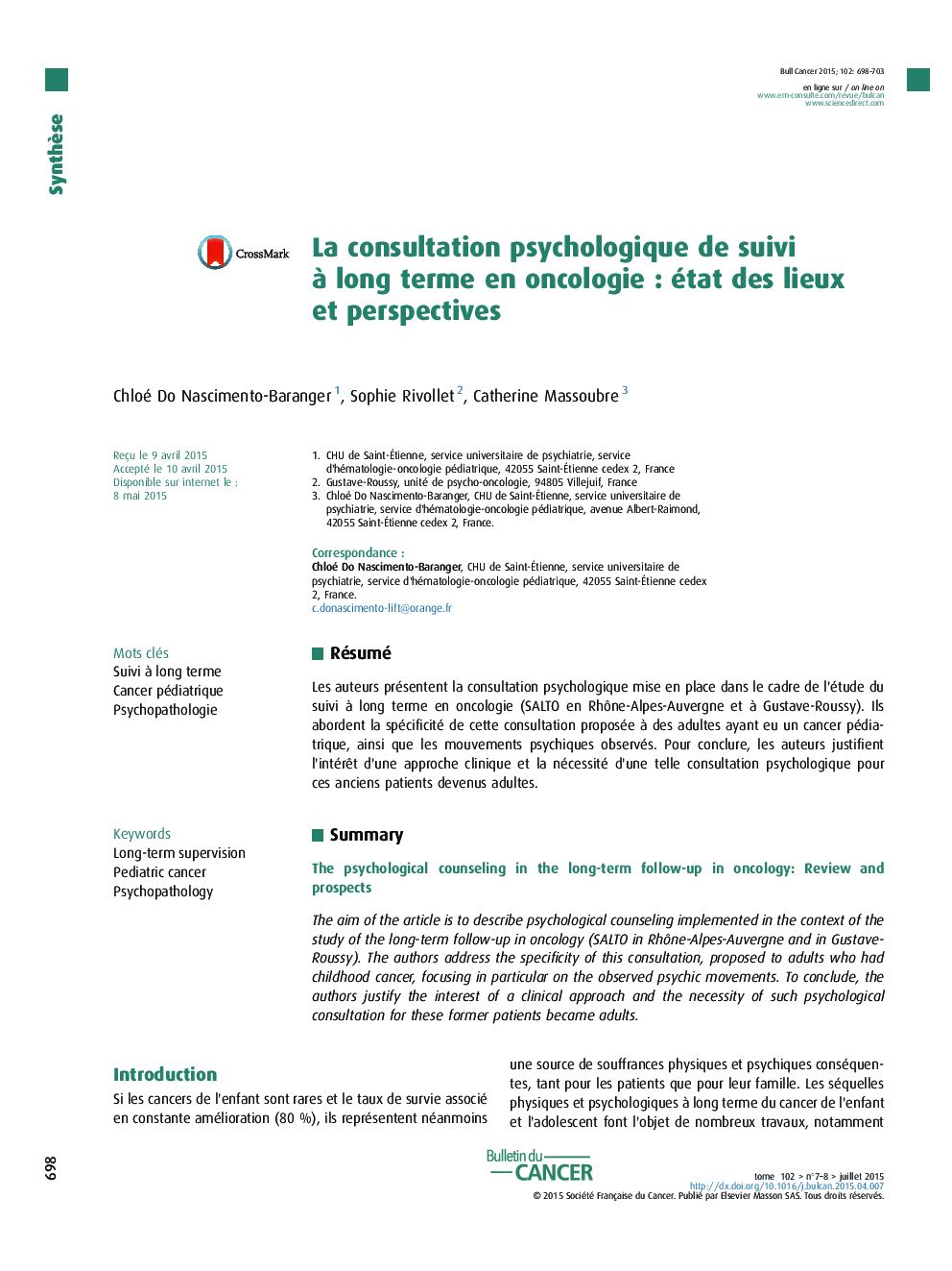 La consultation psychologique de suivi Ã  long terme en oncologieÂ : état des lieux et perspectives