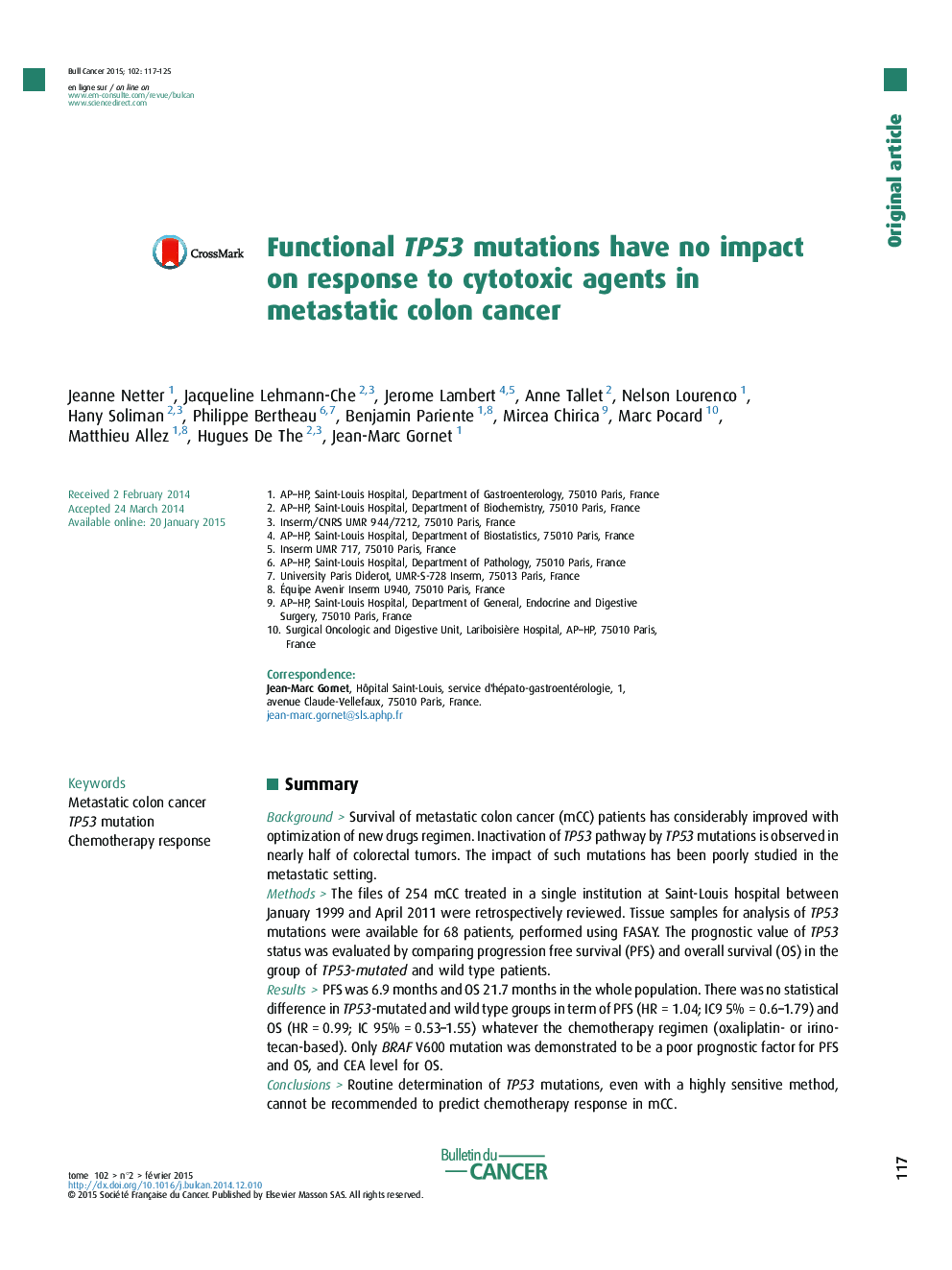 Functional TP53 mutations have no impact on response to cytotoxic agents in metastatic colon cancer