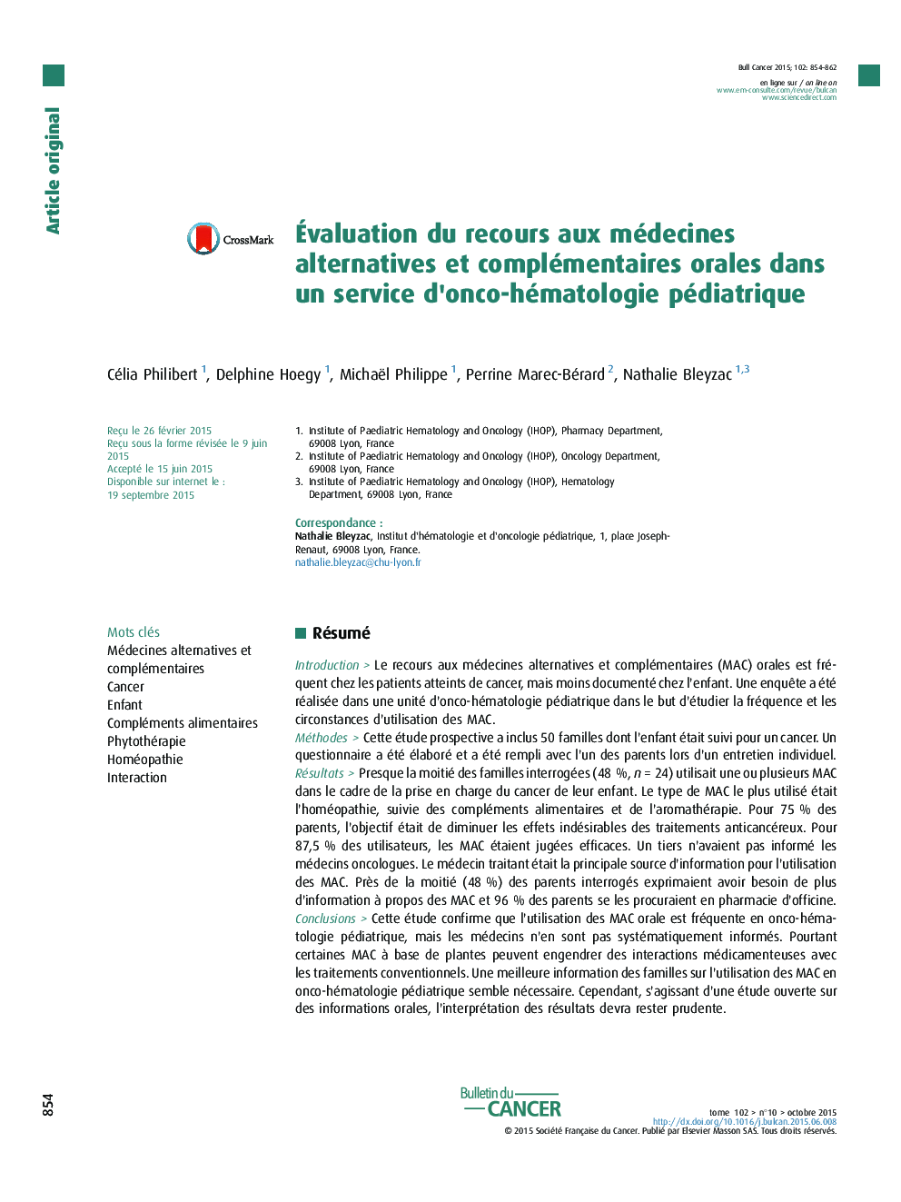 Ãvaluation du recours aux médecines alternatives et complémentaires orales dans un service d'onco-hématologie pédiatrique