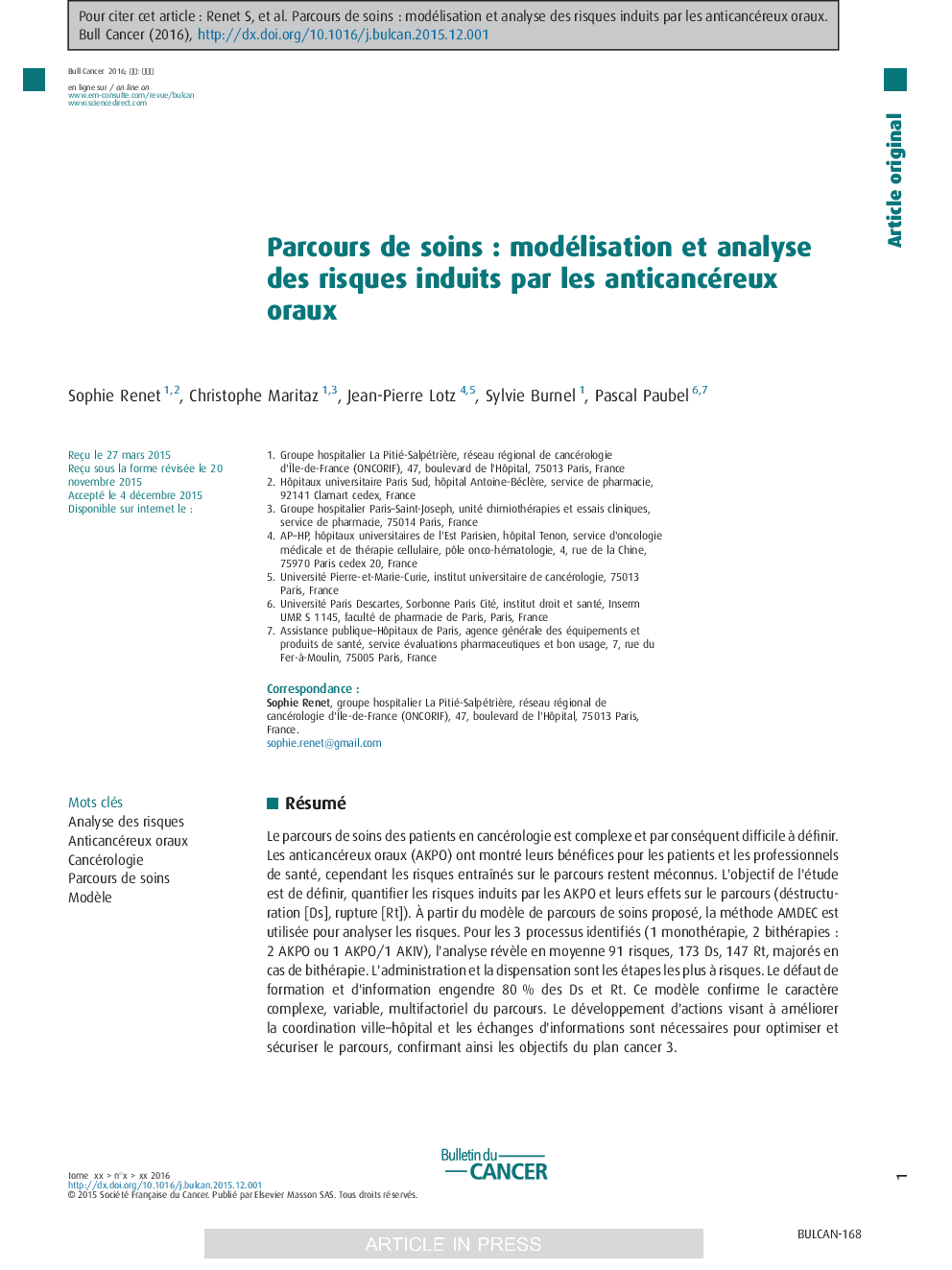 Parcours de soinsÂ : modélisation et analyse des risques induits par les anticancéreux oraux