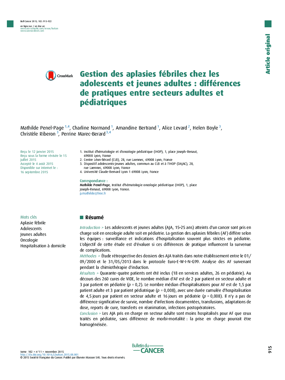 Gestion des aplasies fébriles chez les adolescents et jeunes adultesÂ : différences de pratiques entre secteurs adultes et pédiatriques