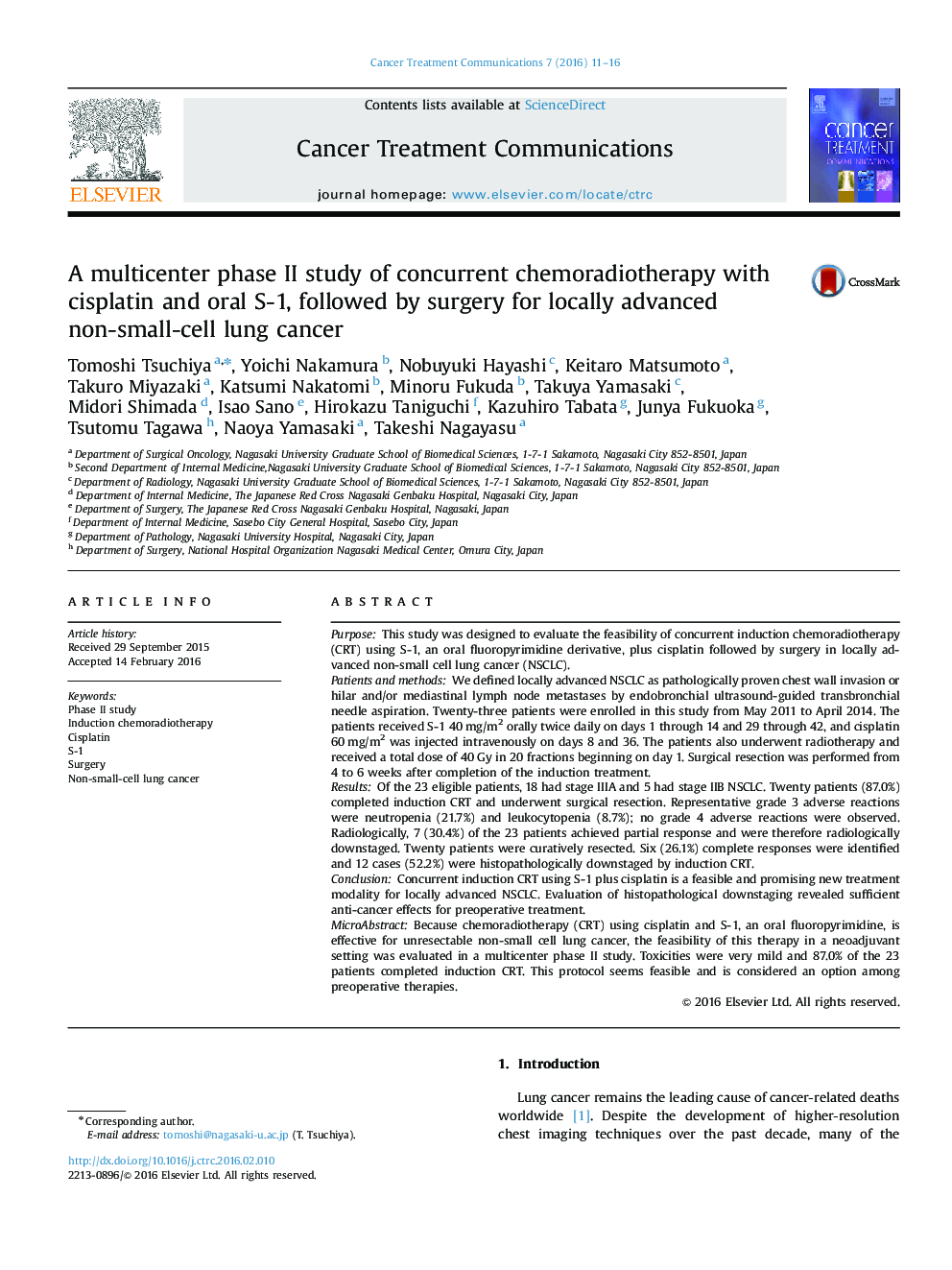 A multicenter phase II study of concurrent chemoradiotherapy with cisplatin and oral S-1, followed by surgery for locally advanced non-small-cell lung cancer