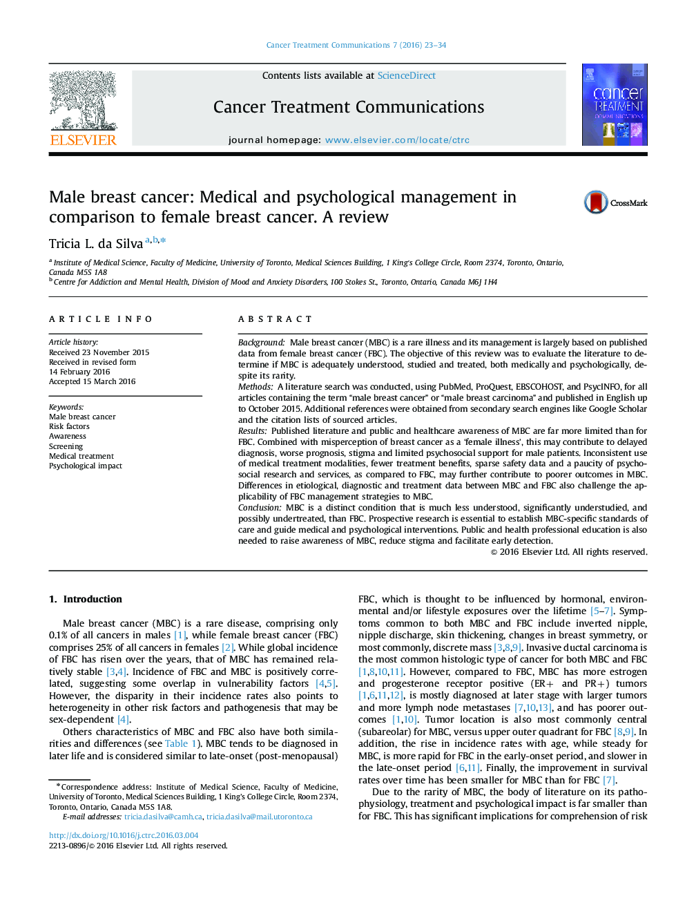 Male breast cancer: Medical and psychological management in comparison to female breast cancer. A review
