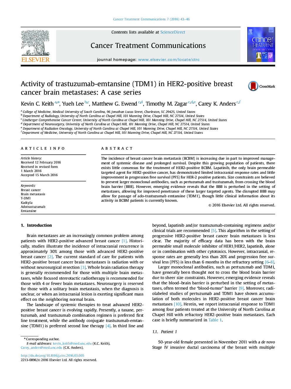 Activity of trastuzumab-emtansine (TDM1) in HER2-positive breast cancer brain metastases: A case series