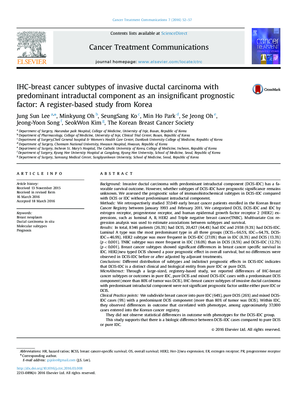 IHC-breast cancer subtypes of invasive ductal carcinoma with predominant intraductal component as an insignificant prognostic factor: A register-based study from Korea