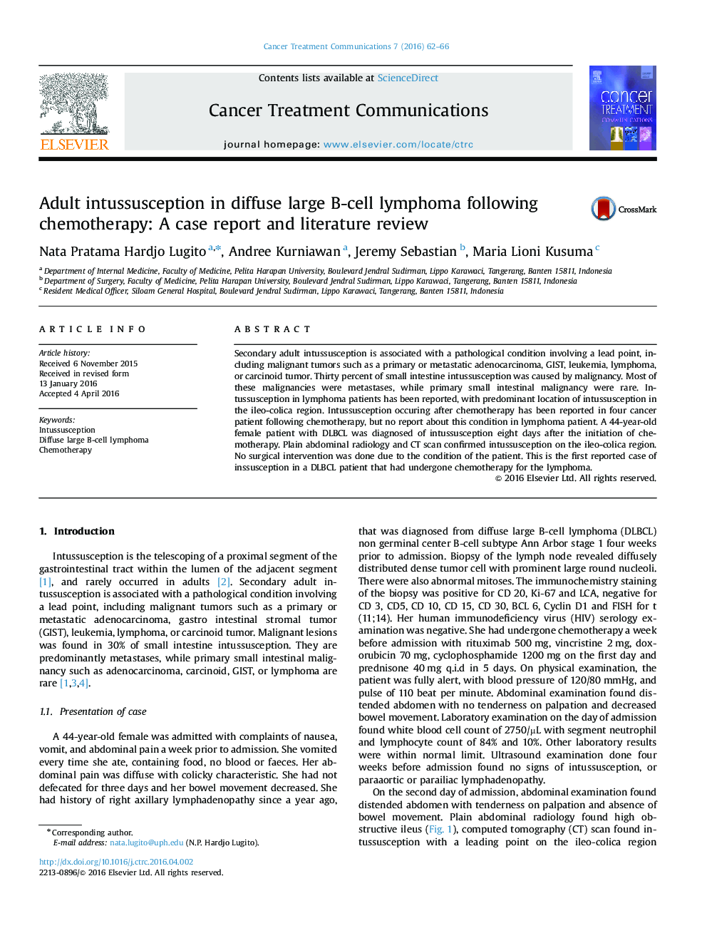 Adult intussusception in diffuse large B-cell lymphoma following chemotherapy: A case report and literature review